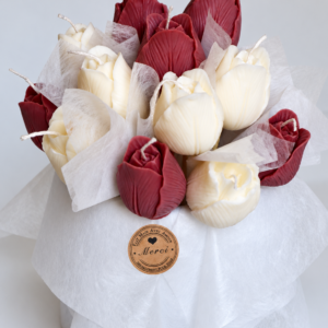 Bouquet de fleurs en cire de soja blanc et bordeaux, création artisanale Bouquet de cire